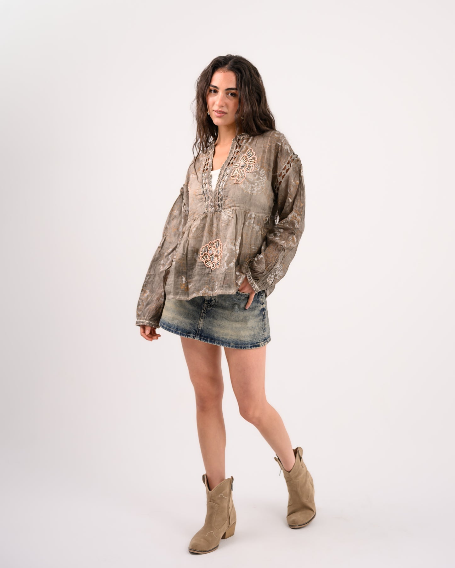 Brown Embriodery Bohemian Blouse