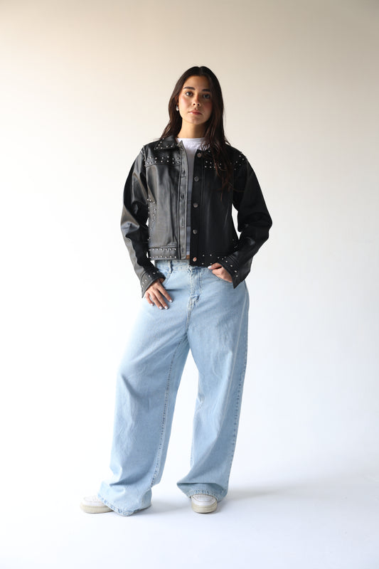 Celine - Black leather jacket with silver round studs