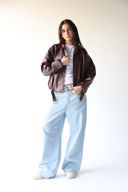 Suzana -Burgundy Leather Jacket with built in belt