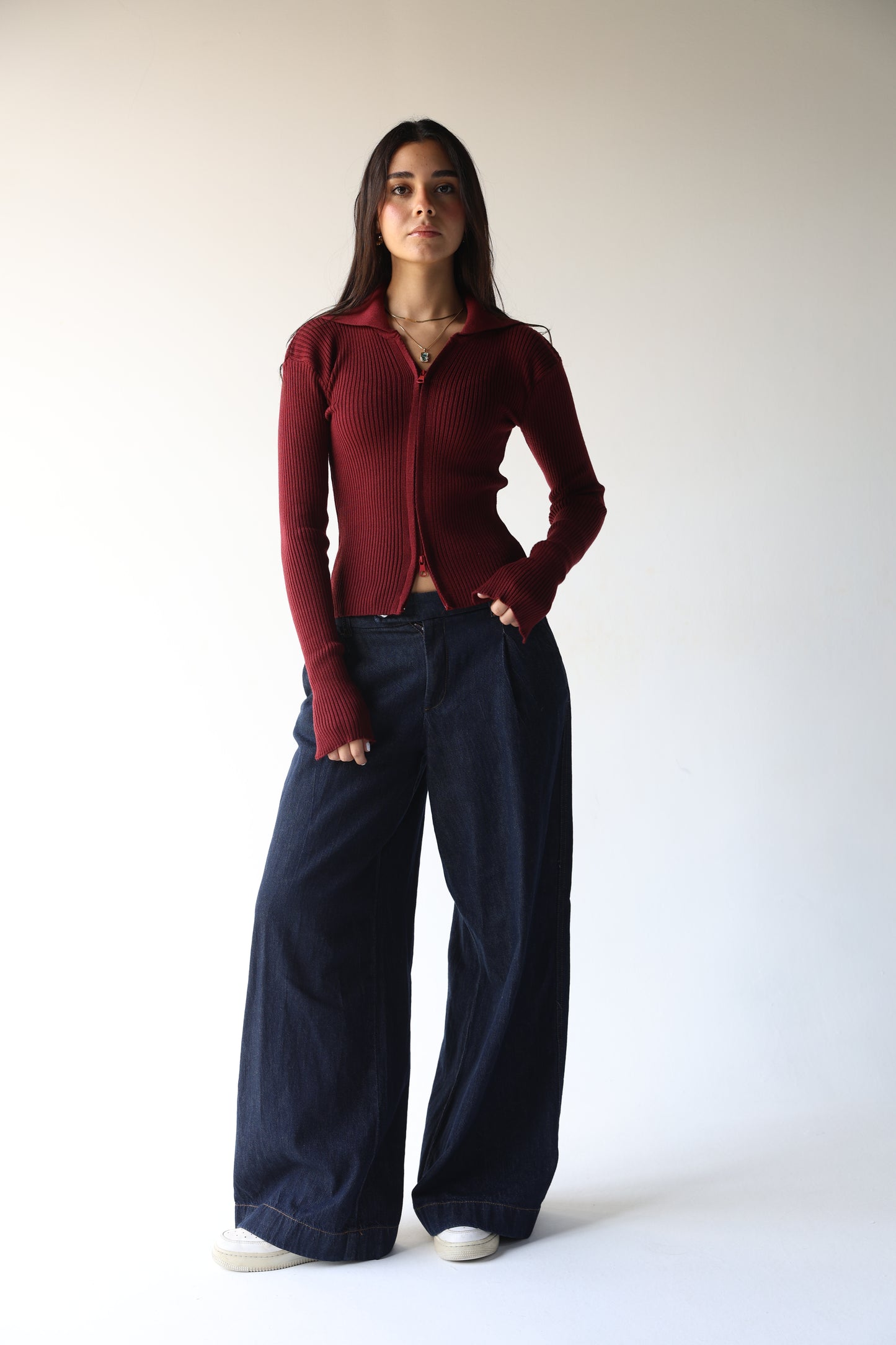 Burgundy knit pullover with zippers