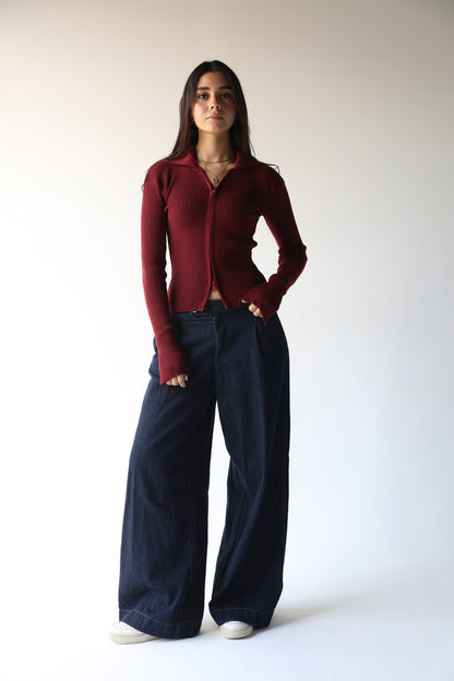 Burgundy knit pullover with zippers