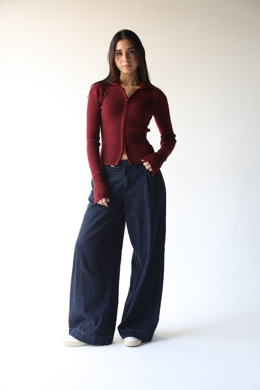 Burgundy knit pullover with zippers