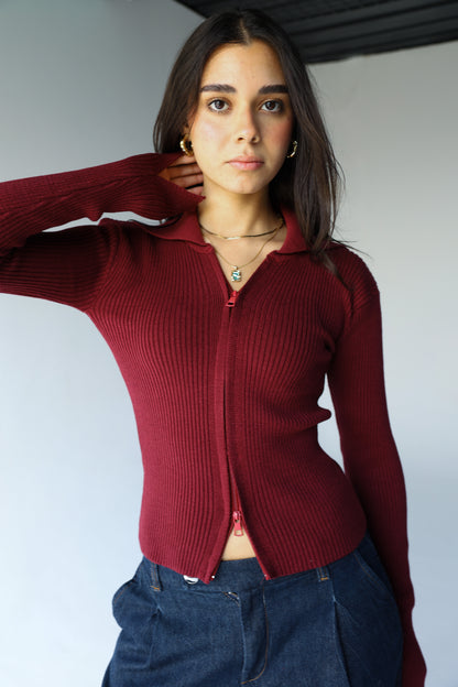 Burgundy knit pullover with zippers