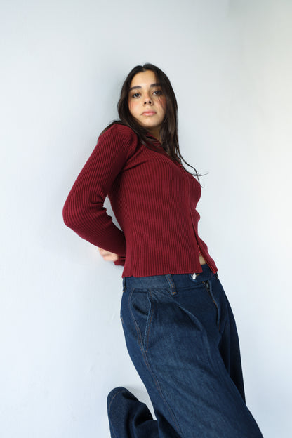 Burgundy knit pullover with zippers