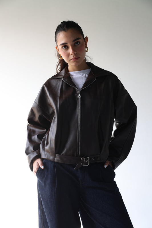 Suzana -Brown Leather Jacket with built in belt&nbsp;