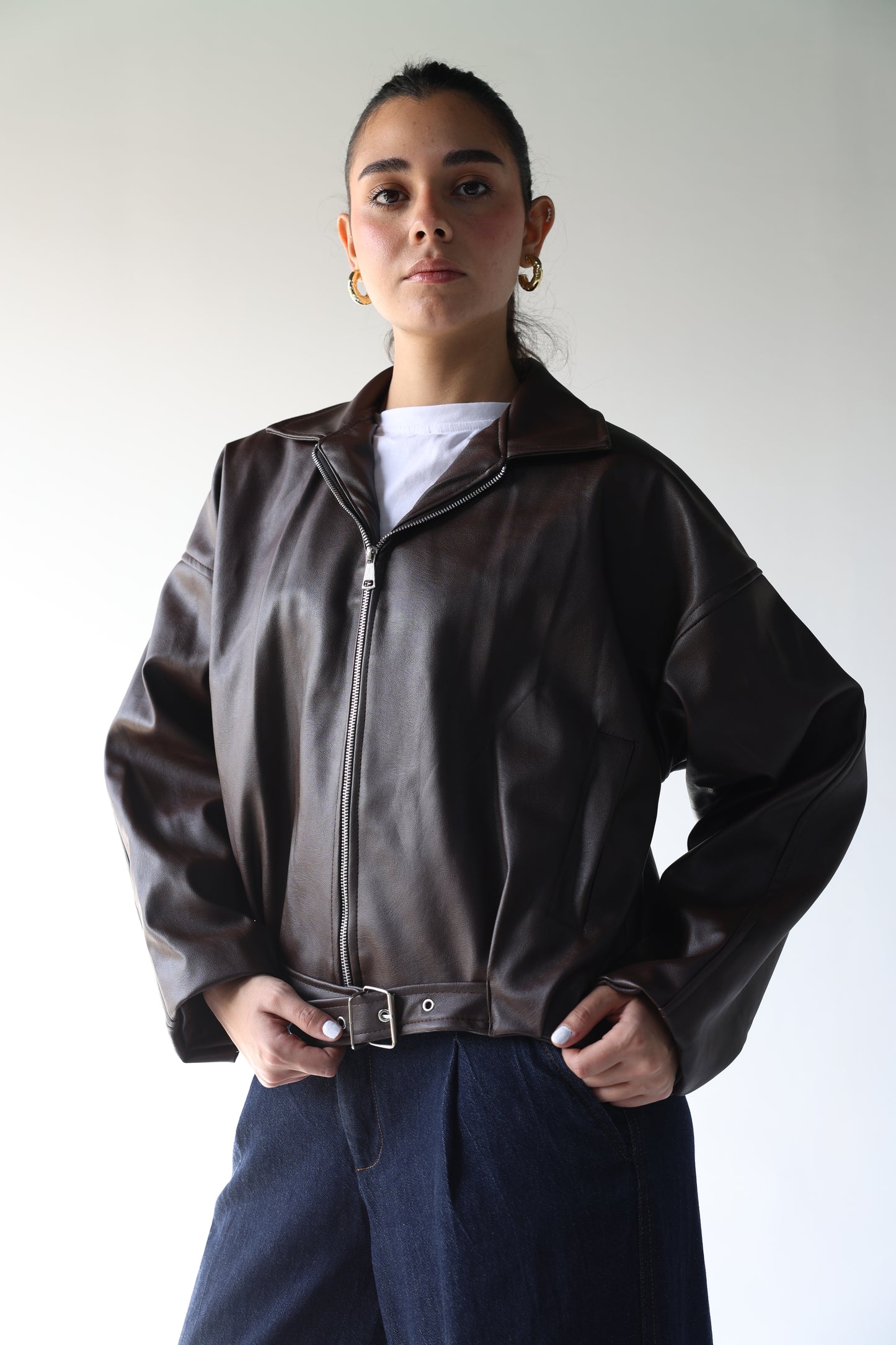 Suzana -Brown Leather Jacket with built in belt&nbsp;