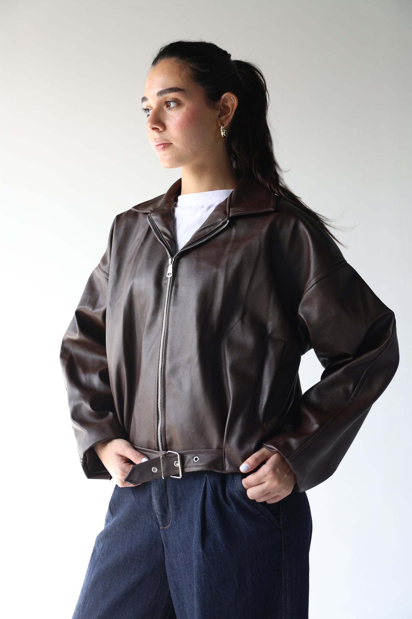 Suzana -Brown Leather Jacket with built in belt&nbsp;