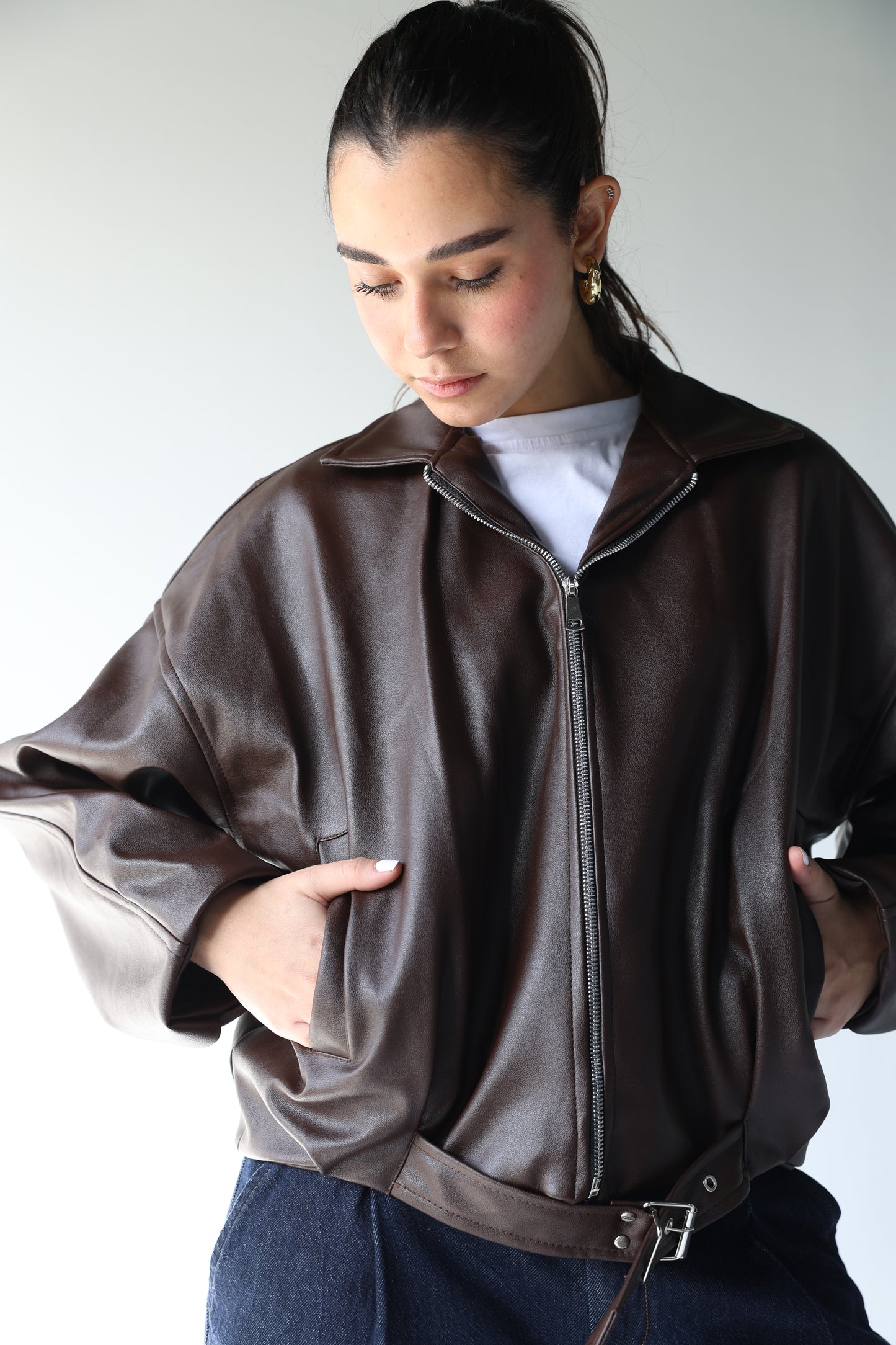 Suzana -Brown Leather Jacket with built in belt&nbsp;