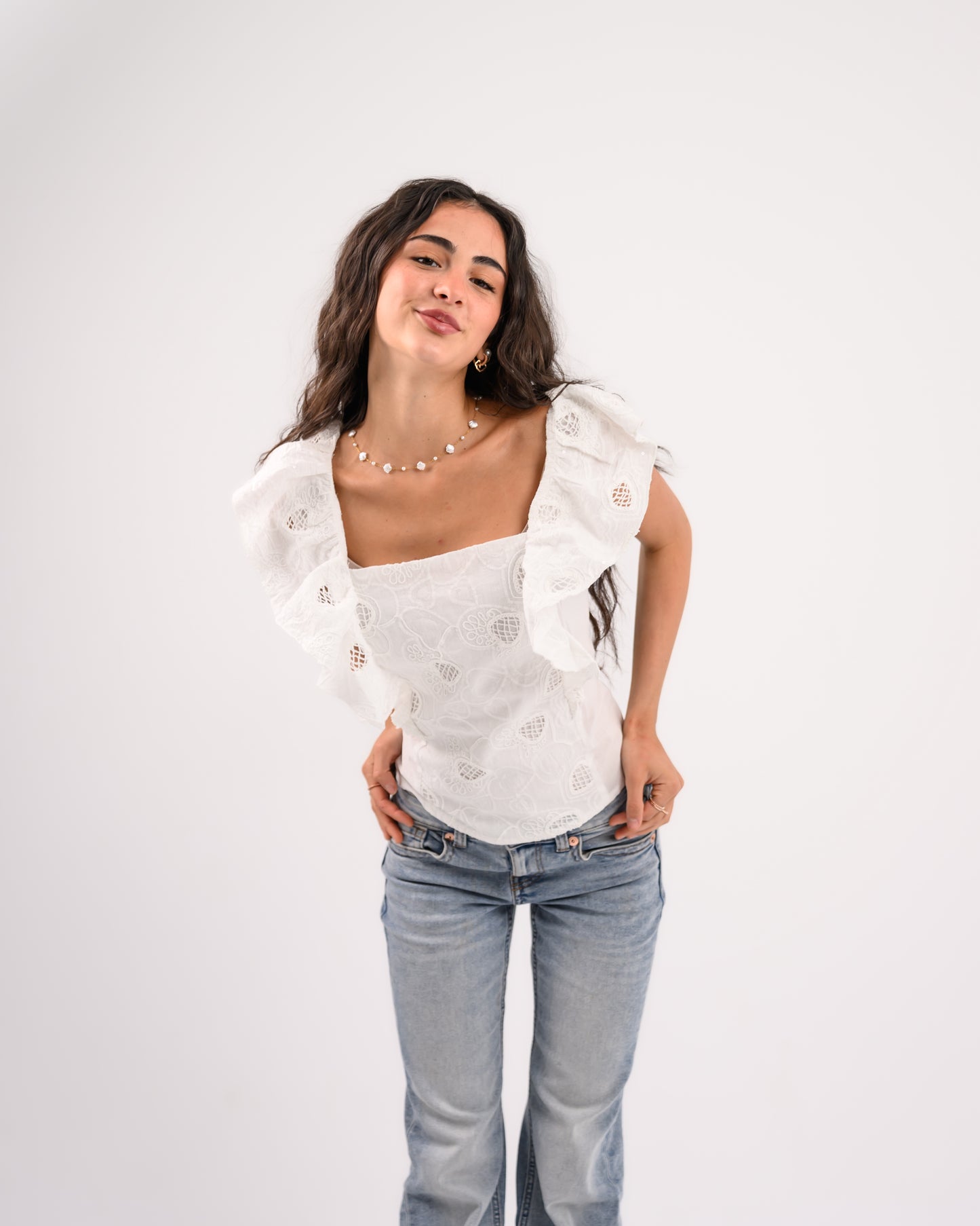 White Top With Shoulder Ruffles