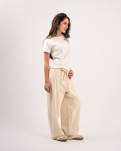 Beige Linen Structured Pants