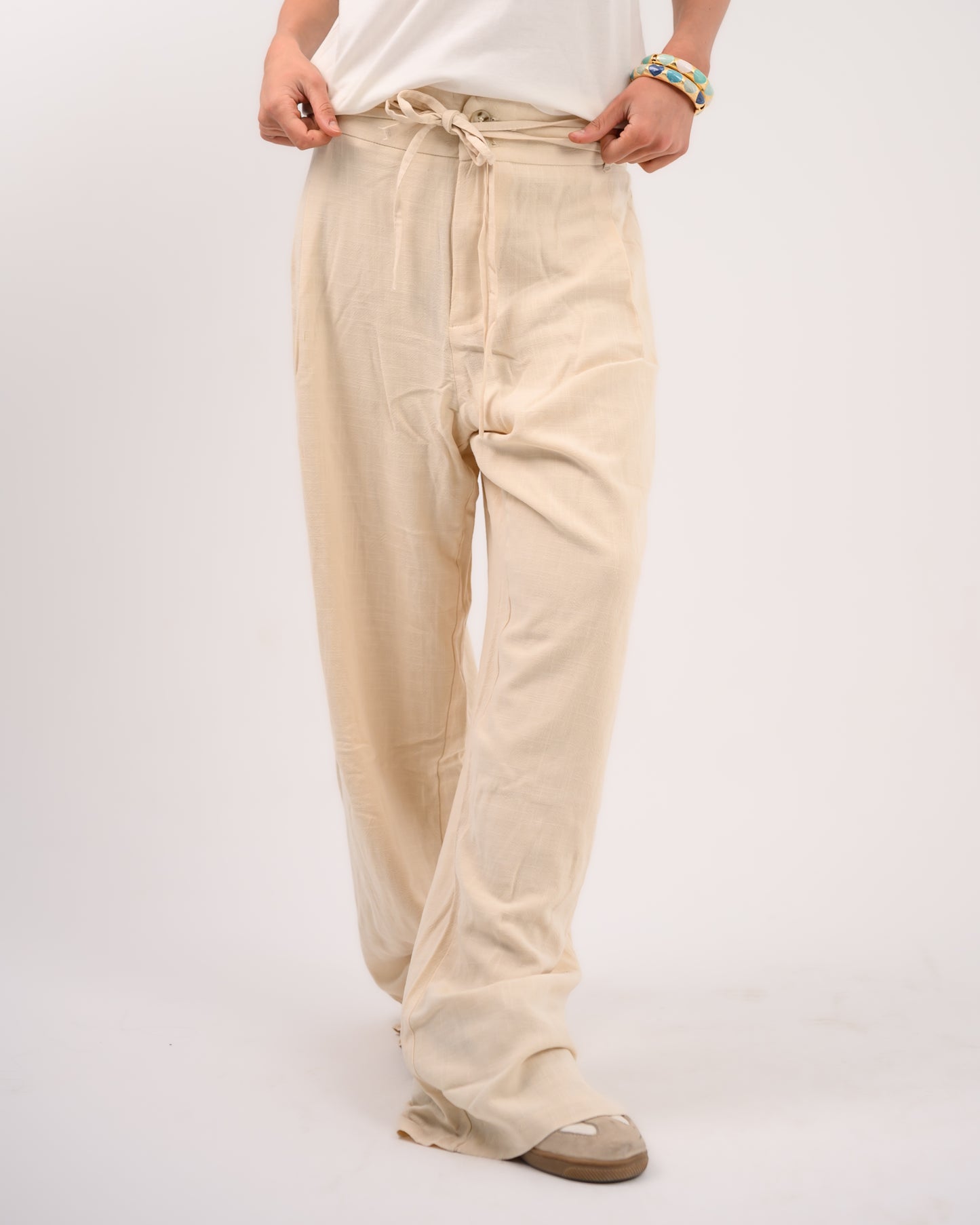 Beige Linen Structured Pants