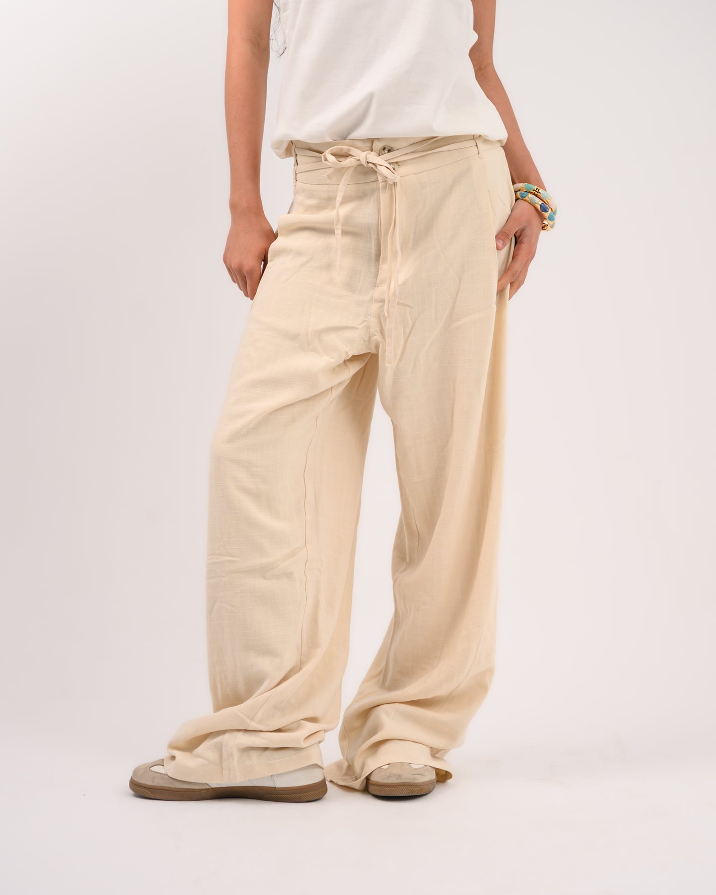 Beige Linen Structured Pants