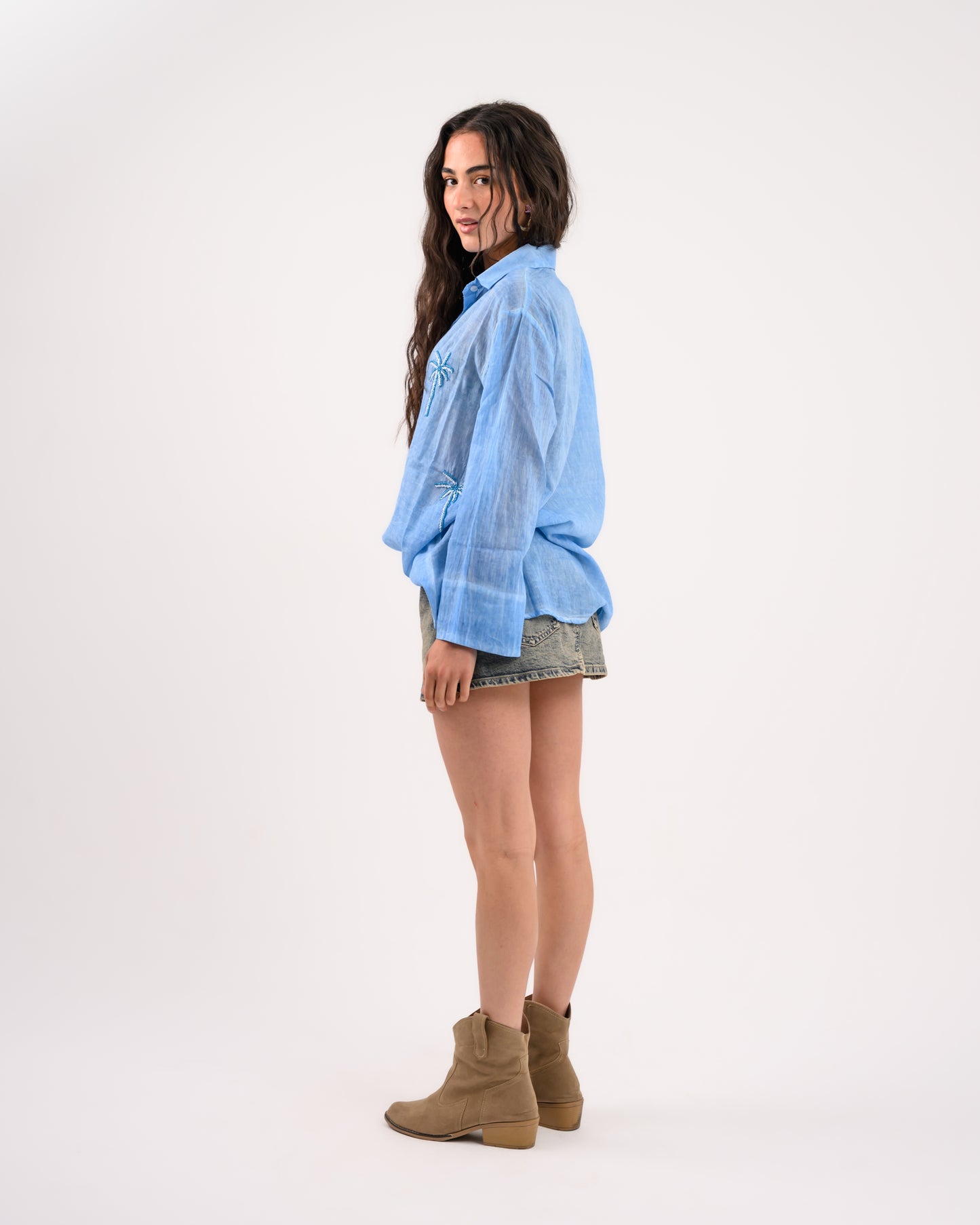 Blue Palm Embroidery Shirt