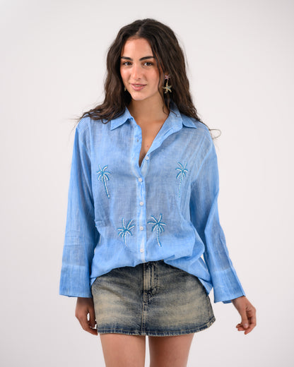 Blue Palm Embroidery Shirt