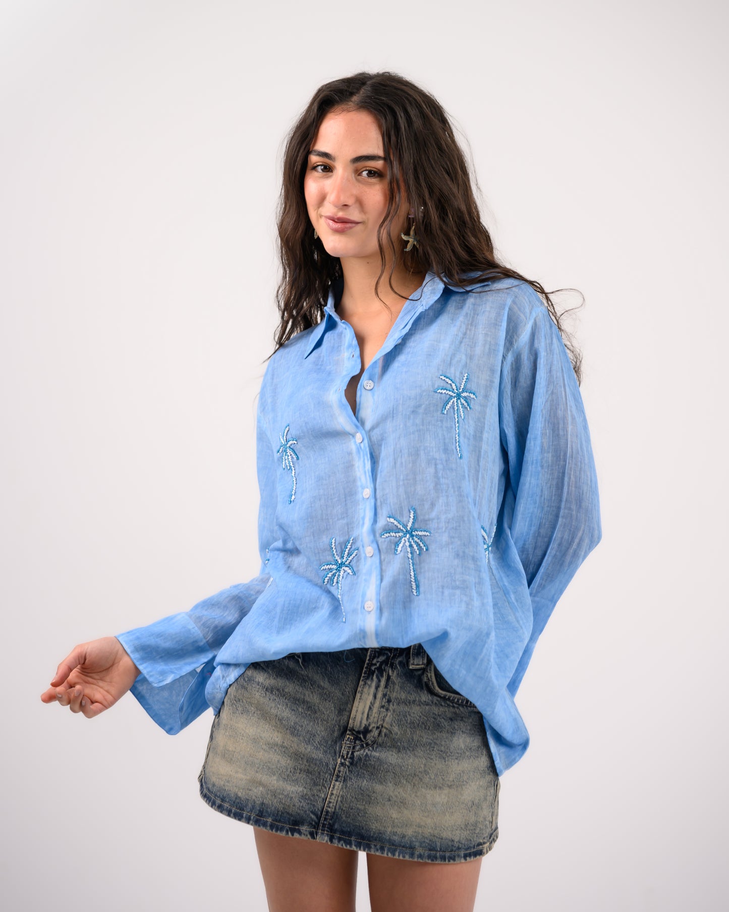 Blue Palm Embroidery Shirt