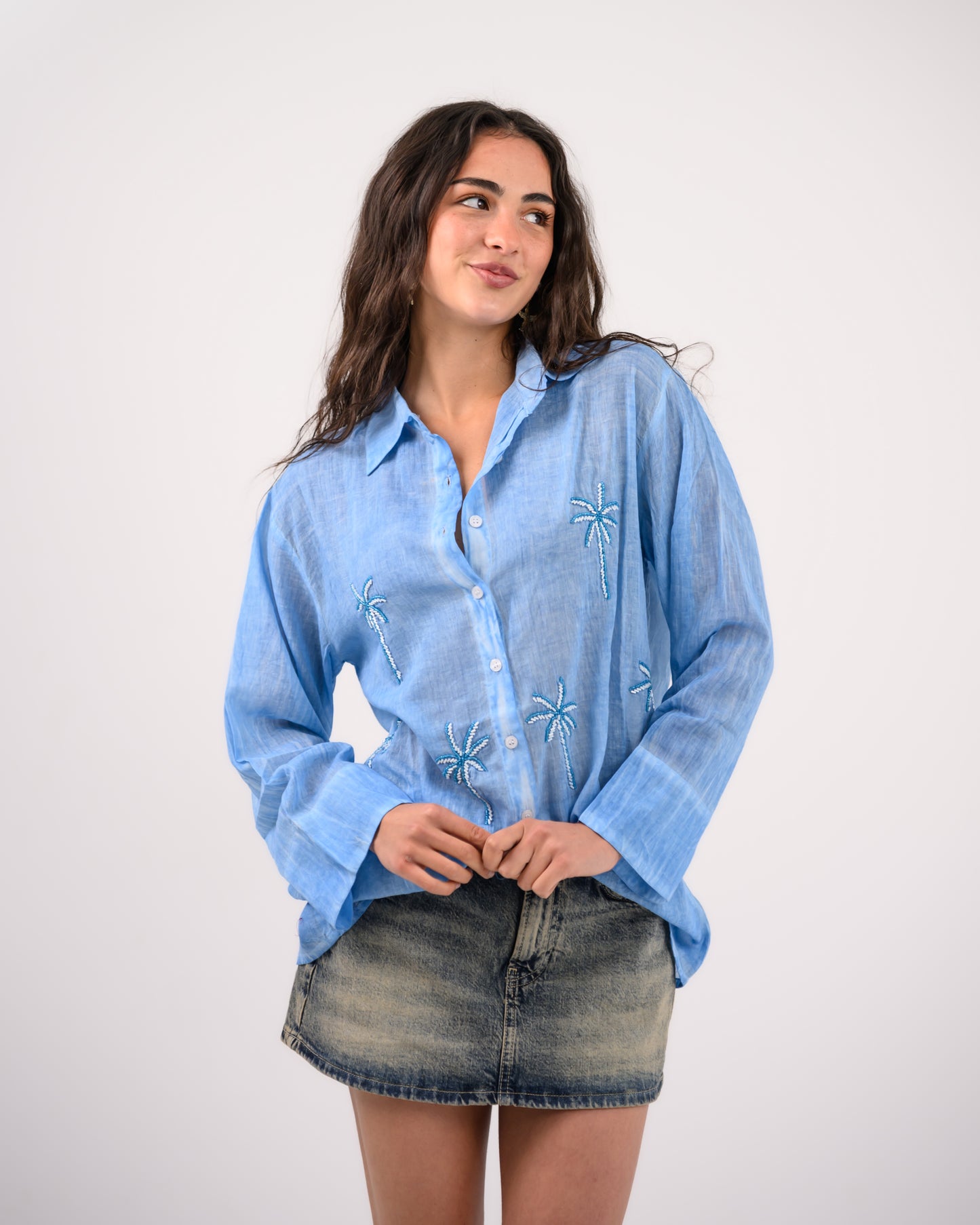 Blue Palm Embroidery Shirt