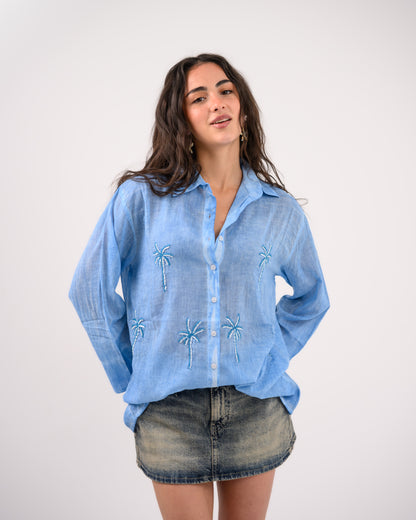 Blue Palm Embroidery Shirt