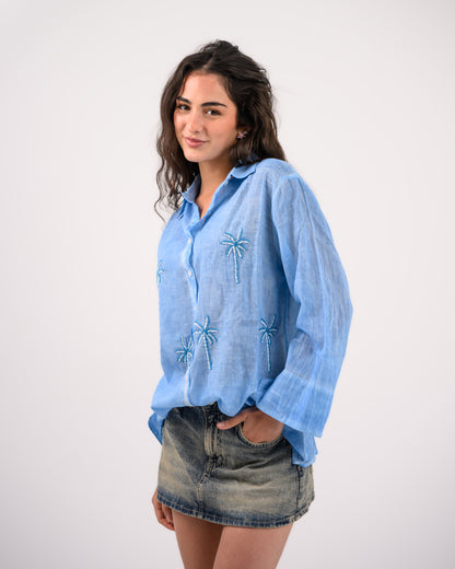 Blue Palm Embroidery Shirt