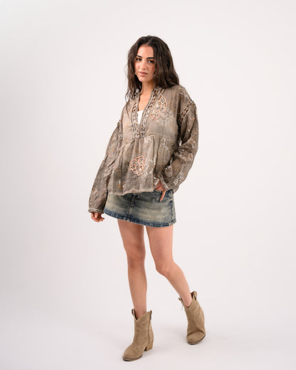 Brown Embriodery Bohemian Blouse
