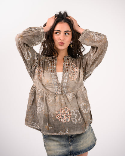 Brown Embriodery Bohemian Blouse
