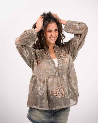 Brown Embriodery Bohemian Blouse