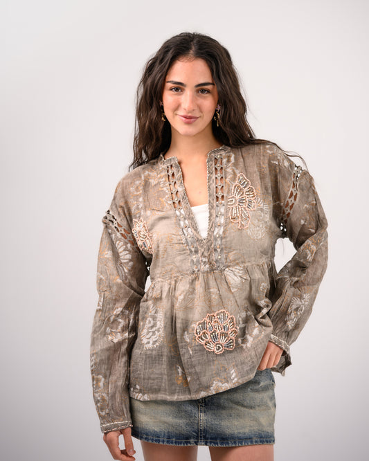 Brown Embriodery Bohemian Blouse