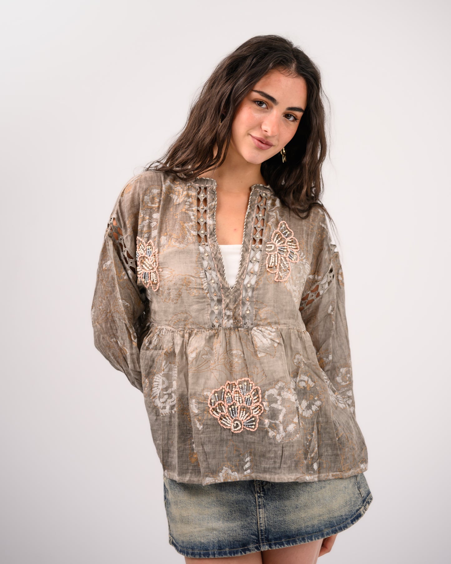 Brown Embriodery Bohemian Blouse