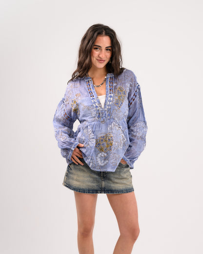 Blue Embriodery Bohemian Blouse