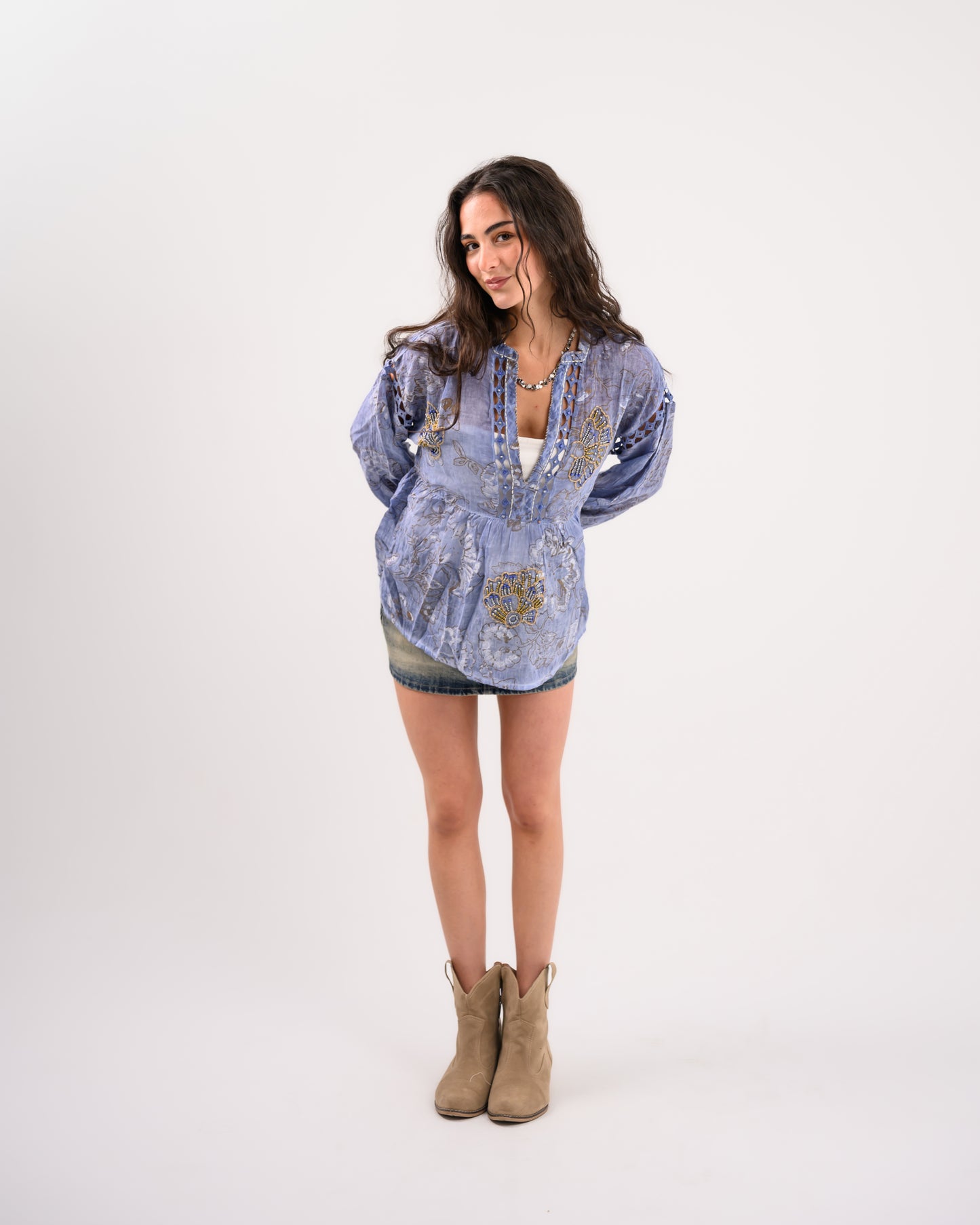 Blue Embriodery Bohemian Blouse