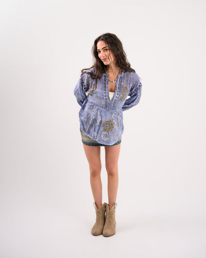 Blue Embriodery Bohemian Blouse