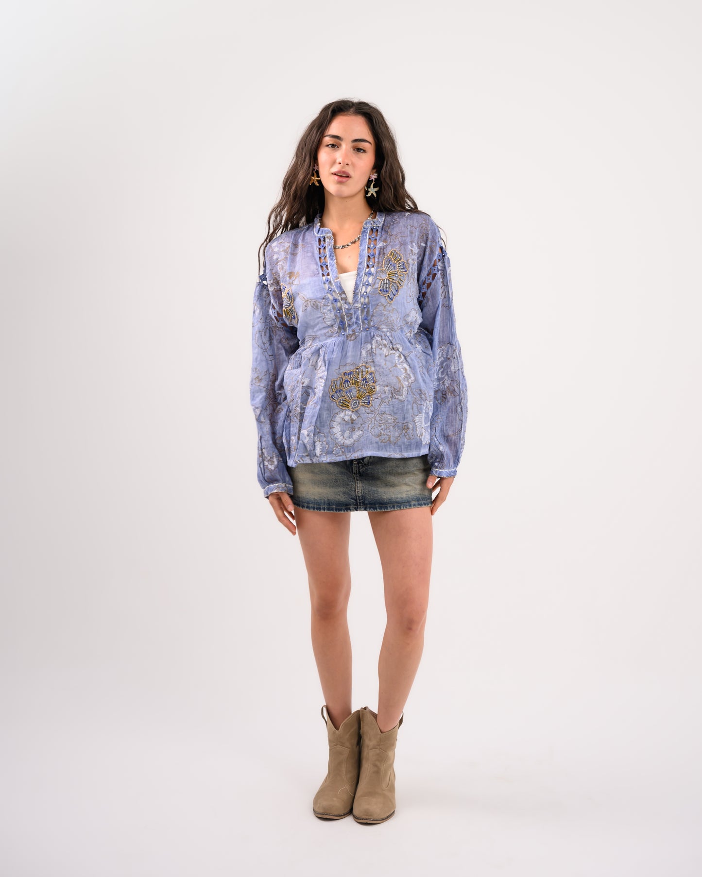 Blue Embriodery Bohemian Blouse