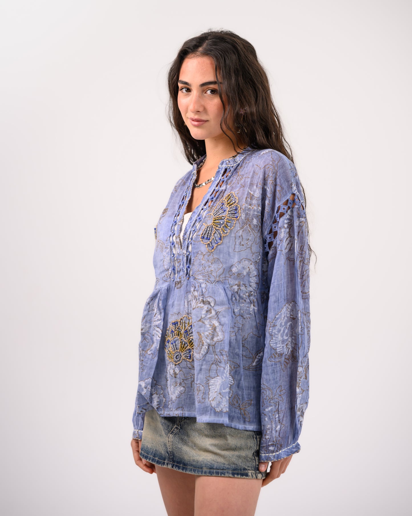 Blue Embriodery Bohemian Blouse