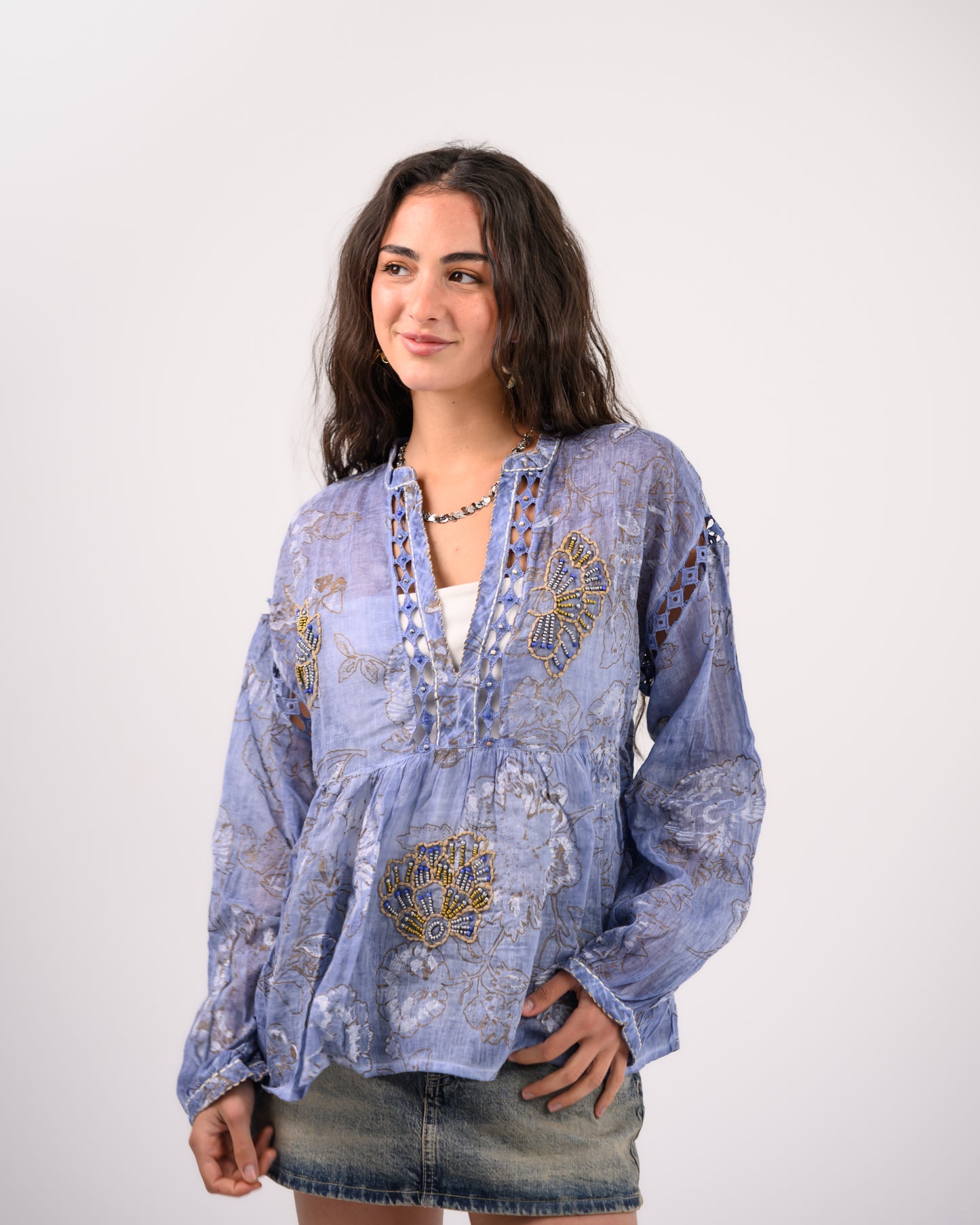 Blue Embriodery Bohemian Blouse