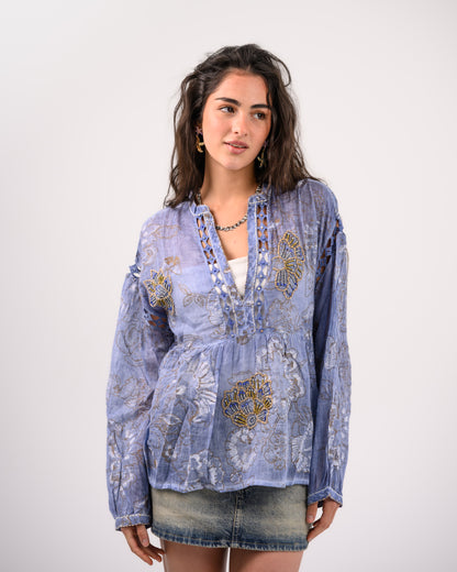 Blue Embriodery Bohemian Blouse