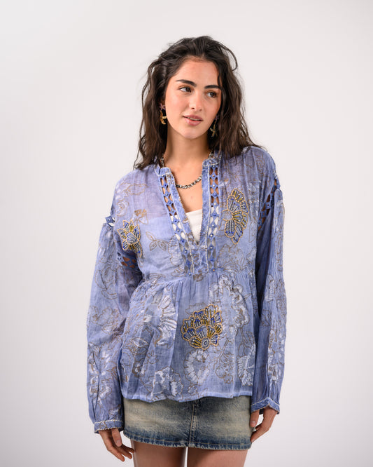 Blue Embriodery Bohemian Blouse