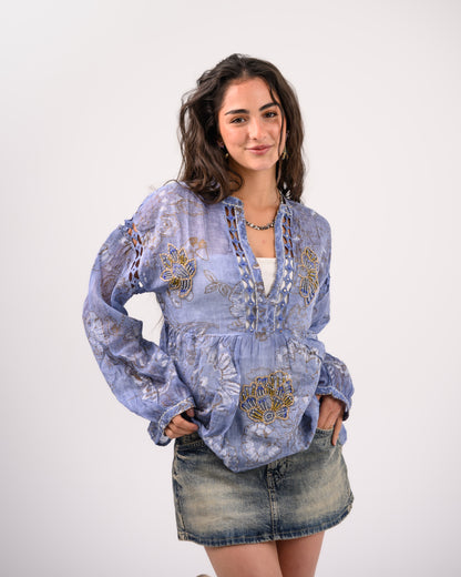 Blue Embriodery Bohemian Blouse