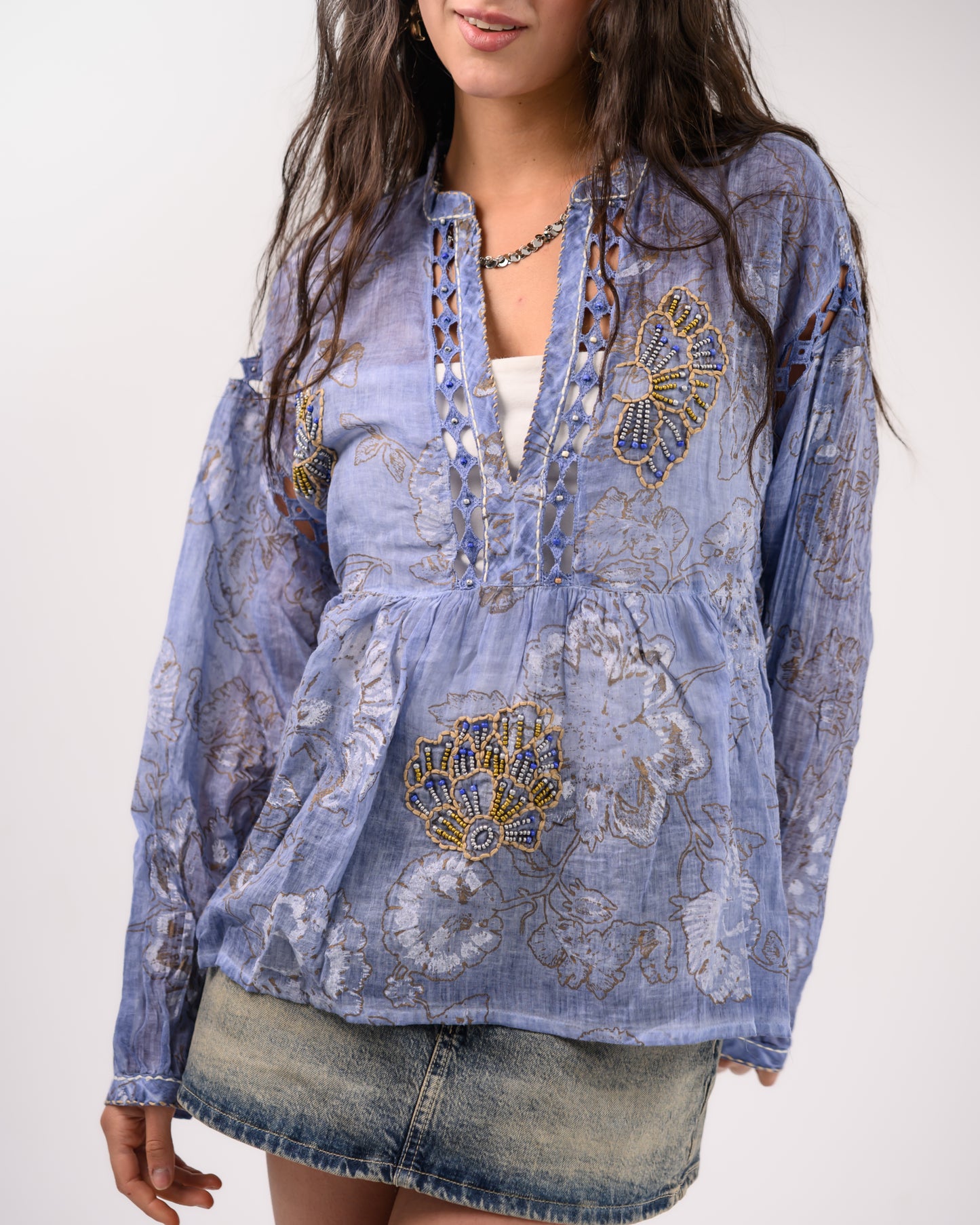 Blue Embriodery Bohemian Blouse