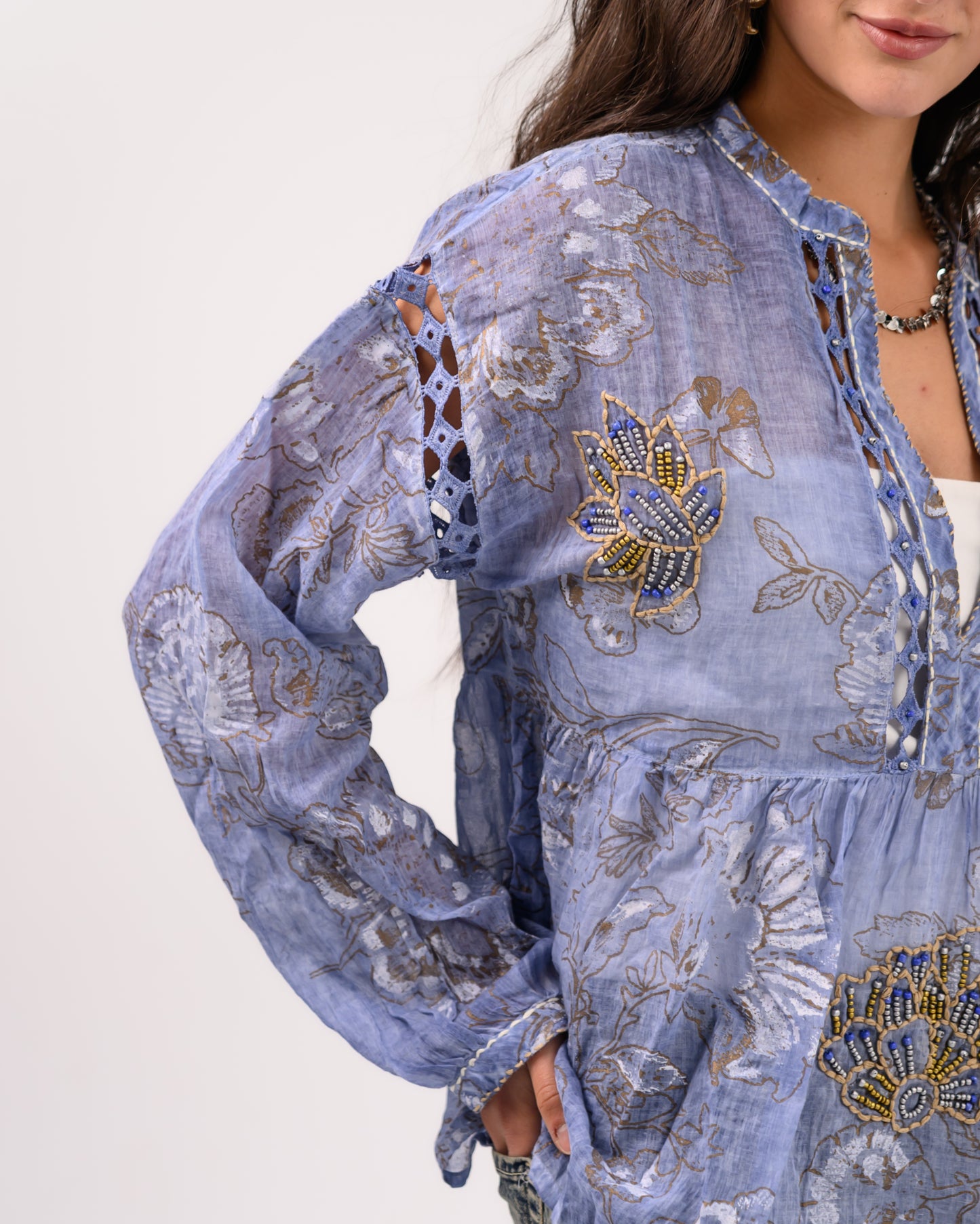 Blue Embriodery Bohemian Blouse