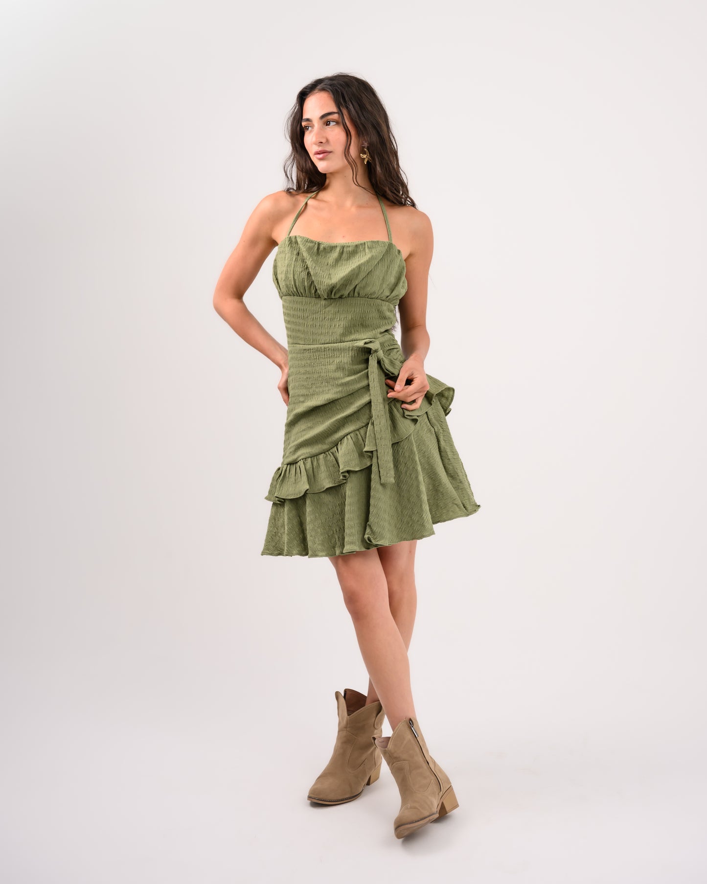 Olive Green Short Ruffle Dress