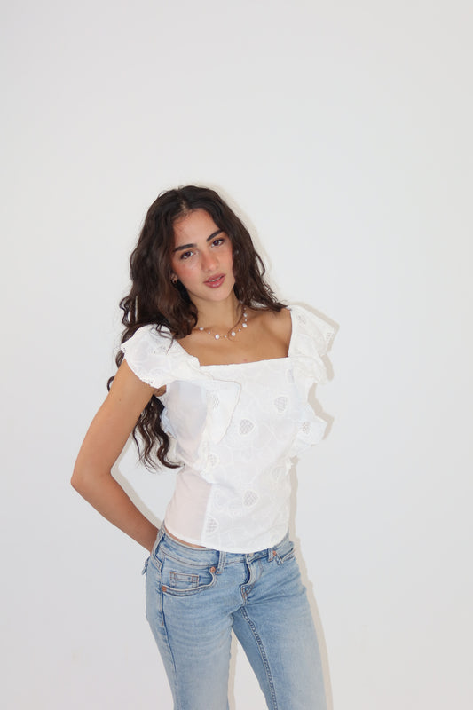 White Top With Shoulder Ruffles