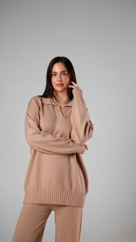Beige collar knit set