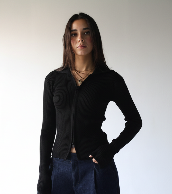 Black knit pullover with zippers