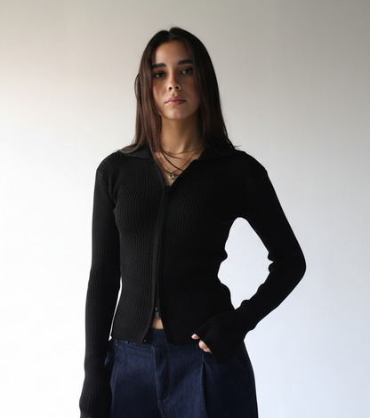 Black knit pullover with zippers