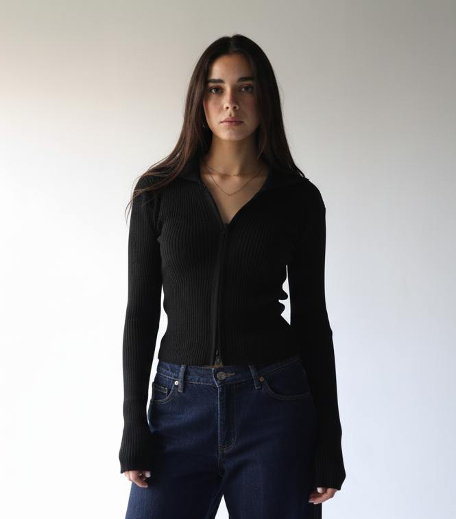 Black knit pullover with zippers