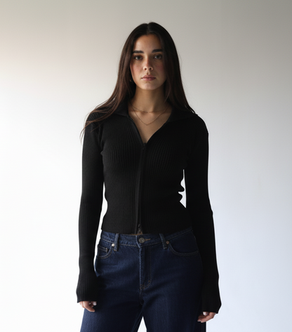 Black knit pullover with zippers
